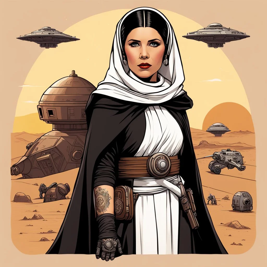 Princess Leia as a tattooed gangsta nun in her iconic Tatooine outfit, her Jawa friend is on her side, they are fierce and ready to fight