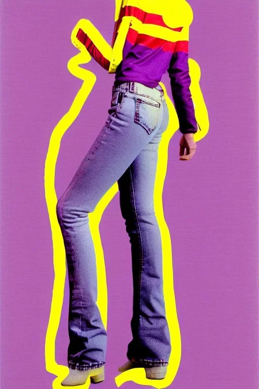 Photograph of a woman. Low waist jeans, baggy, 1996,1997,1998!Big serigraph print of a plant on denim,terracotta,cream,purple,lilac. Cream colored latex parts. imperial yellow, red plum stripes, only on the top half of t-shirt. European daft punk woman. Mantle is sewed of recycled Denim and sewed together of recycled polymer felt. lace, Yellow(Munsell) areas. hint of orange as effect color!!Big bright purple/khaki felt tippet and cream or blue or lilac colored-hood. mantle is merged with cobalt