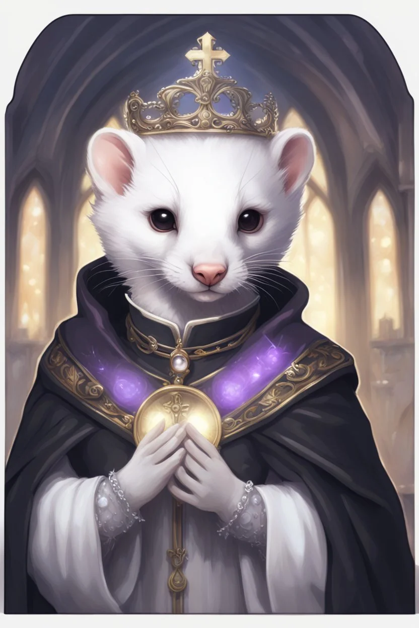 (anthropomorphic white ferret),dressed in ((cleric fantasy)) black clothes with silver holy ornaments, realistic anatomy, posing, cute face, fantasy inspire, fantasy church on background with warm sunshine lighty from behind, gloomy atmosphere, (((high angle shot))), purple armband, The holy icon style, RTX, praying, close eyes