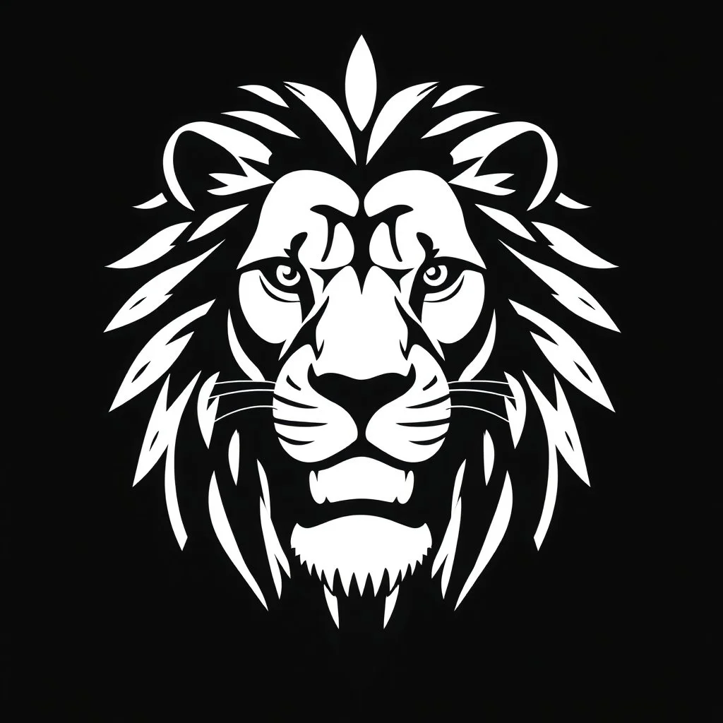 front facing lions face, black and white simplified vector logo