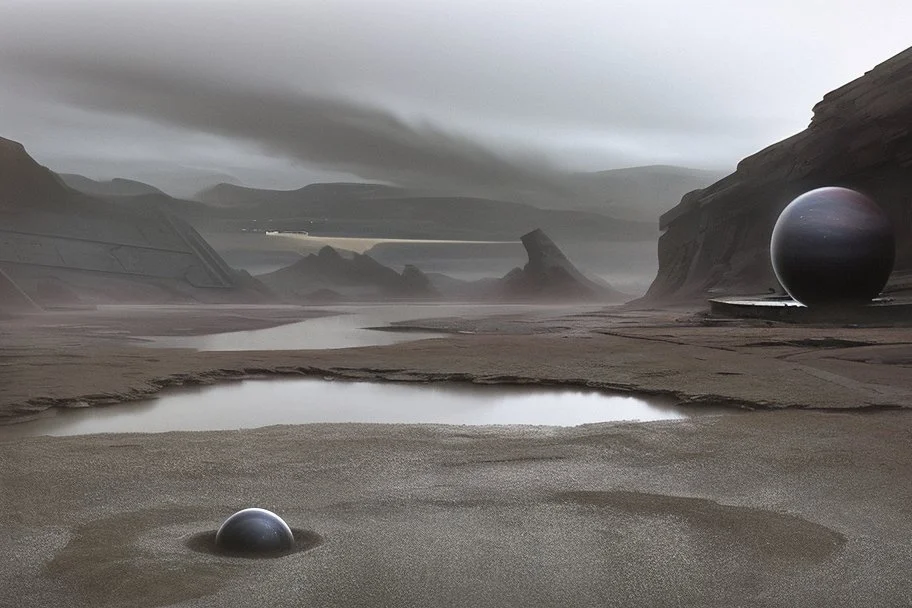 grey sky, planet in the sky, puddle, sci-fi, landscape, mountains, galactic cosmic influence