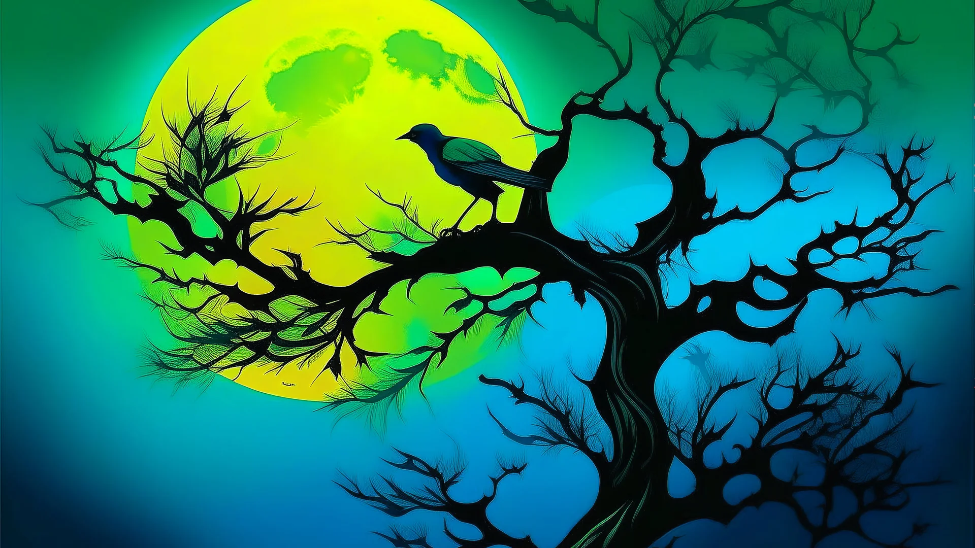 A bird with green and blue plumage perches on a gnarled tree branch against a vibrant yellow moon and a deep blue and green gradient sky. The tree's bare branches create a silhouette against the luminous moon, with dark, shadowy trees in the background. The overall mood is mystical and nocturnal.