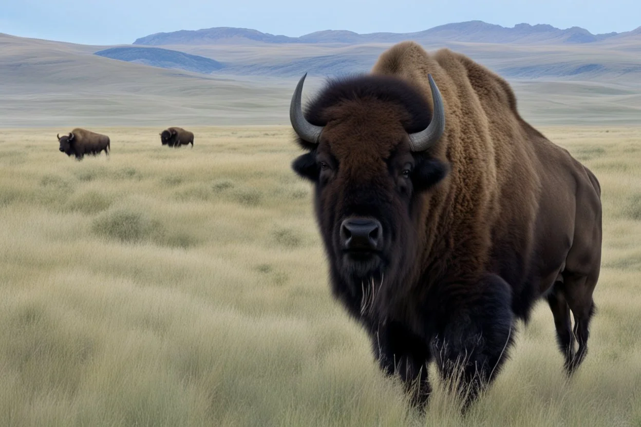 Bison walking towards viewer's left, prairie grasses in foreground, background fades out to white