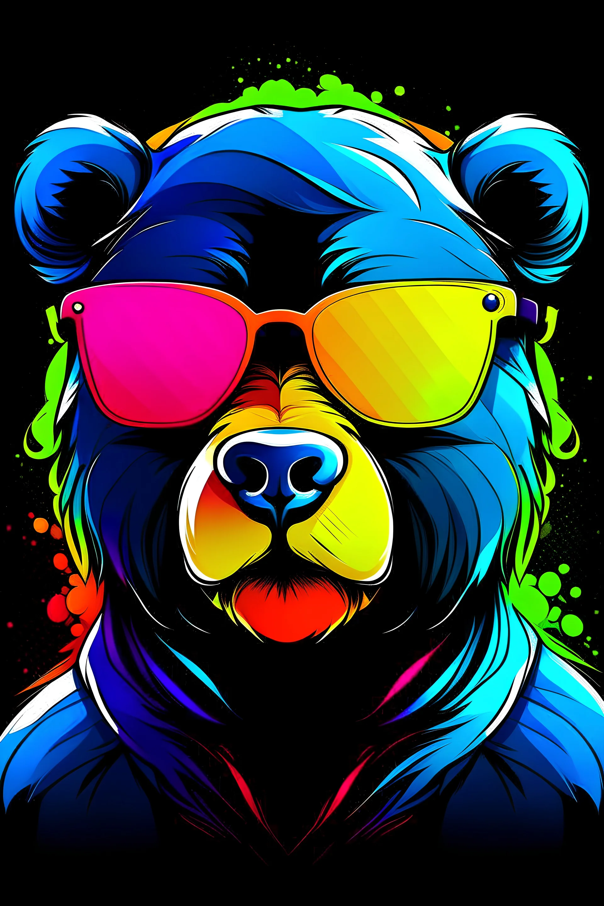 Acrtoon 2d art illustration . Colourful bear wears a black glass