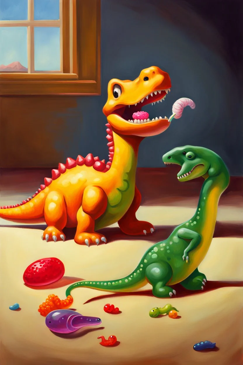 Toy Tantrum with Treats"? In this still life painting, a small plastic dinosaur is facing off with a gummy worm, both looking rather stern. The dinosaur has its tiny arms crossed in defiance, while the gummy worm seems to be attempting to reason with it. Meanwhile, a lone marshmallow sits nearby, looking bewildered by the whole situation. It's a humorous take on the clash between toys and sweets, with a touch of dry wit.