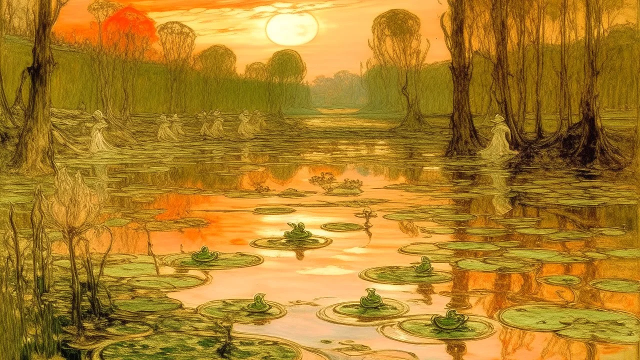 A light rosy orange swamp with amphibians painted by Claude Monet