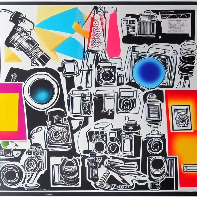 elements of photographic equipment. poster graphics. high detailed. acrylic painting and ink.