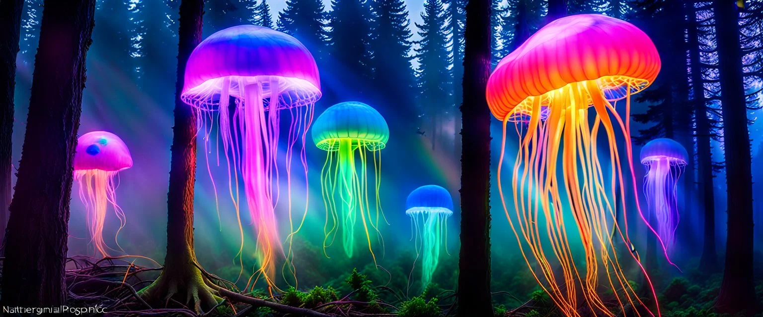 giant bio luminous Rainbow floating high, 12 long Psychedelic JellyFish, smaller jellyfish above everything, sacred geometry light floating in a forest, mist, light trails, nighttime, long exposure, Treeline, Alberta, scientist, Dystopian, Hyper detailed, Realistic, Extreme depth of field, bokeh blur, Alberta all-natural, National Geographic, in the style of candid, imperfection, natural lighting, cinematic, Fuji Film, Anamorphic lens, 2040s, --ar 4:5 --w 150 --style raw