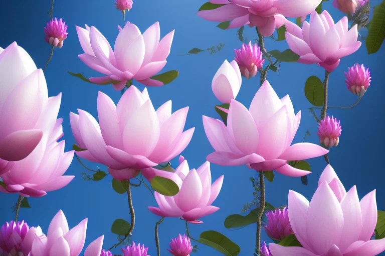 a magical crystal flower lotus magnolia lys bougainvillier, blue gold house russian palace castle in the woods, magnolias pink,blue lake,sun,white swanns,pink vertical, blue lake,sharp, vines, candlelit, endor, ornate, elegant, highly detailed, artstation, concept art, smooth, sharp focus, illustration, 8k, splash art, wallpaper, key visual