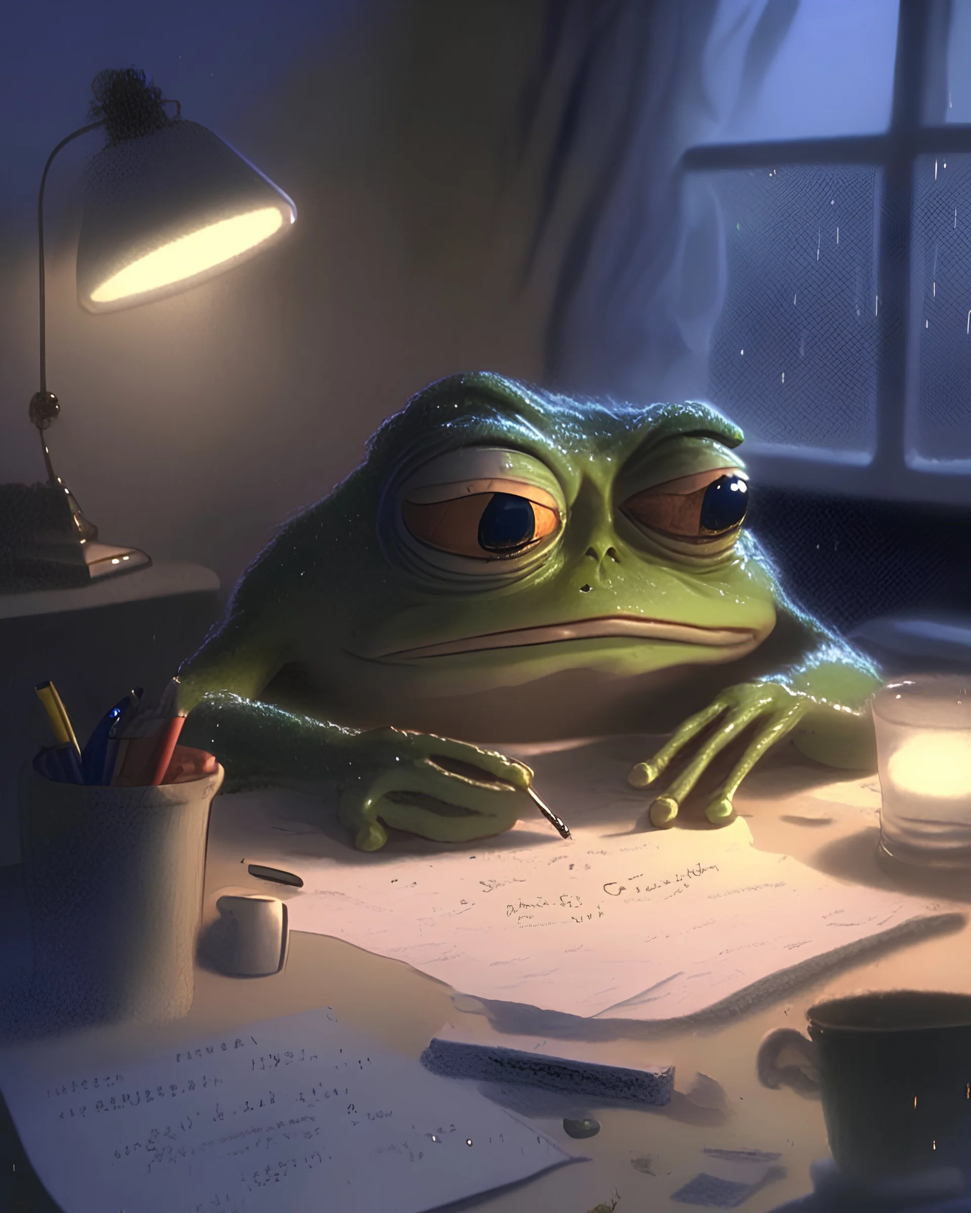 an exhausted pepe the frog commiting tax fraud, paperwork, desk, cozy, night- key lighting, soft lights, foggy, by steve hanks, by lisa yuskavage, by serov valentin, by tarkovsky, 8 k render, detailed, cute cartoon style, very cute face