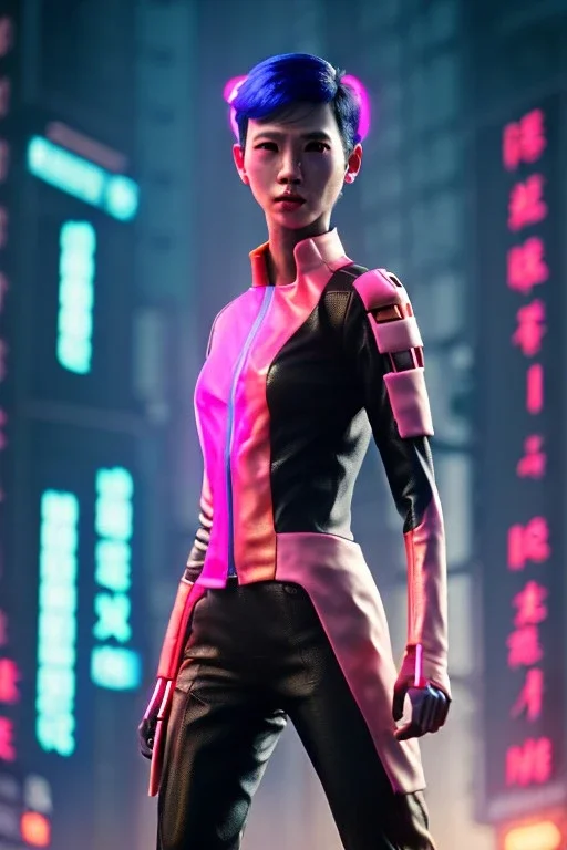 Waist up shot photo, thriller style, Asian cyborg woman, blade runner style :: symmetry photography, cyberpunk, pink hair, makeup, long line eye, light iris, :: latex coat, circuits, pink, white, black :: cinematic, Ultra realistic, dark scene, soft color, highly detailed, unreal engine 5, RTX, ultra detail, 3d, finely drawn, high definition.