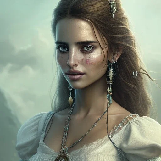 best quality, realistic lighting, masterpiece portrait of Penelope Cruz from pirates of the Caribbean, details, light dusting of freckles, shot from above, simple chain hauberk, warhammerVector art matte painting digital illustration 3D shading CryEngine Behance HD 3Delight