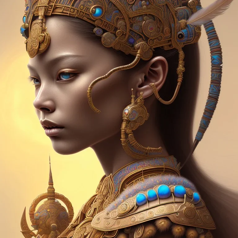 Sango fantasy, fantasy magic, intricate, sharp focus, illustration, highly detailed, digital painting, concept art, matte, art germ and Paul Lewin and Kehinde Wiley, masterpiece Mayan princess dancer head bronze feather's' Asian Latin girl nice breast brown Thai hair turquoise silver blue sky