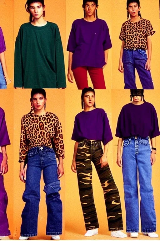 year 1996 denim fashion. Loose fit, "combat pants" with low waist, baggy, Combat pants and t-shirt. Colors: denim blue, blue, purple, khaki, light green, lilac, plum, orange, terracotta, red, pink, dark blue, beige. Women models. Patterns: Something between camouflage and cheetah prints, stripes.Something between camouflage and cheetah prints.Jennifer Lopez, Gwyneth Paltrow, . Big tennis shoes on. Cargo pants. street vs. grunge