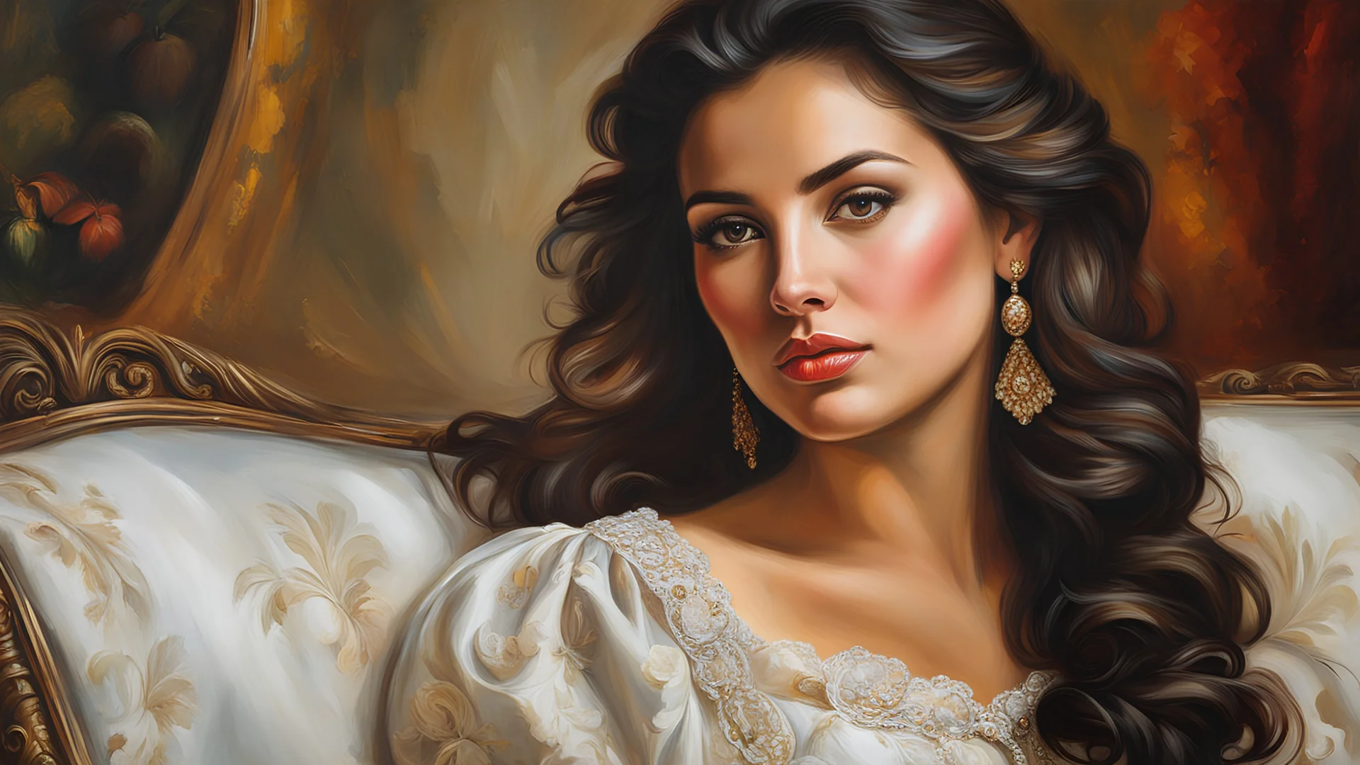 painting of a woman sitting on a couch, photorealistic painting, by Marek Okon, gorgeous face of a Latina woman, beautiful art uhd 4 k, bust with a long beautiful neck, renaissance oil painting