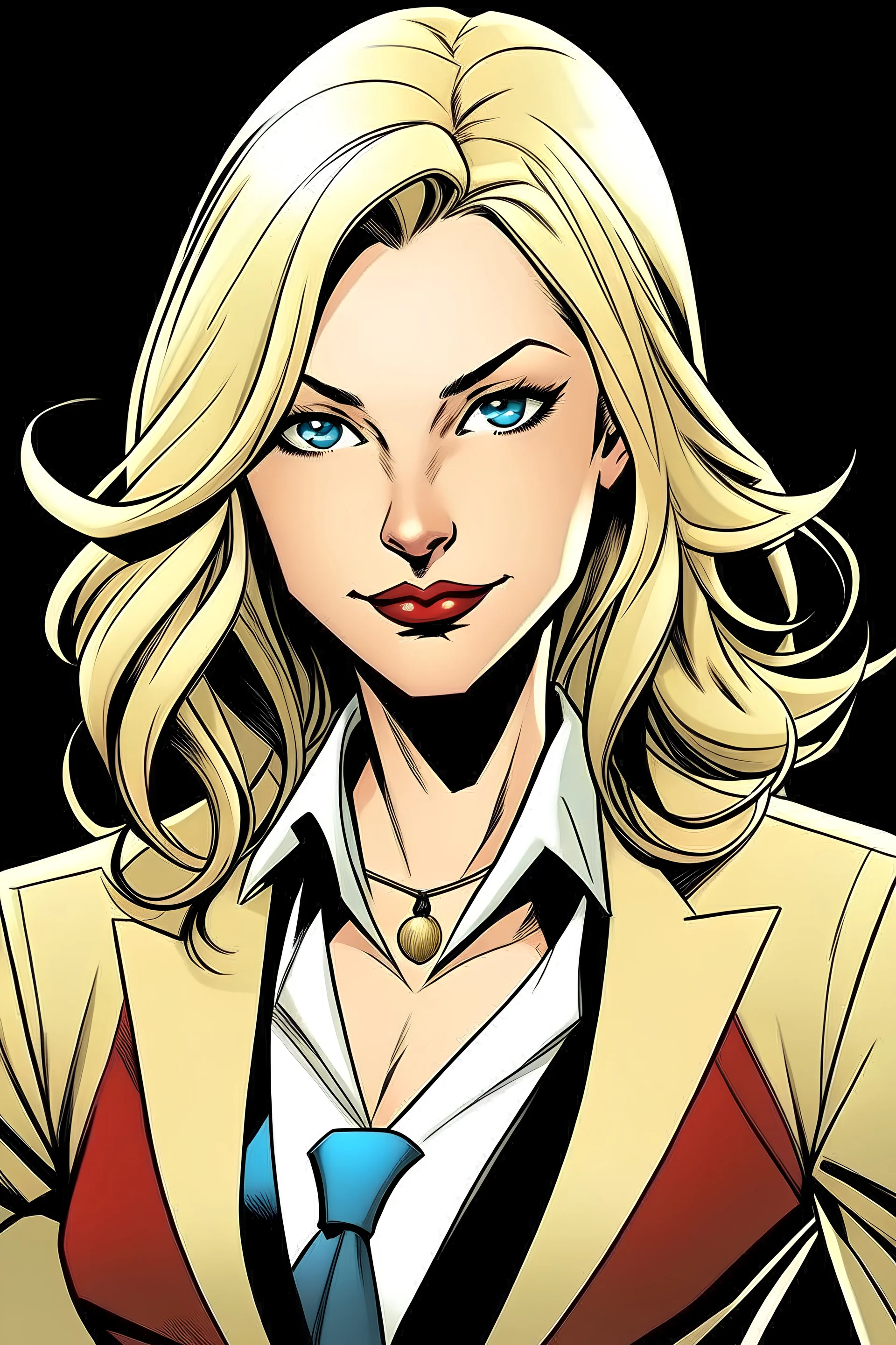 Female, looking serious, smiling, in a red dress, with blond hair in a comic style