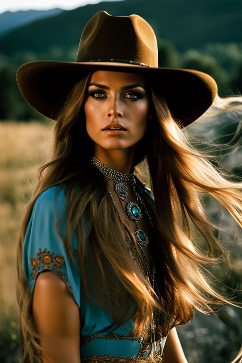 hippie cowgirl, a top less woman, a spanish beauty supermodel with hypnotic eyes, mystic eyes, longer hair, beautiful face, beautiful skin, realistic analog photography with a real normal beauty, no bra, middle parting, beautiful like a supermodel from the sixties, helmut newton, peter lindbergh, beautiful face, beautiful skin, realistic analog photography with a real normal beaut, most beautiful female without clothes, david hamilton, bilitis, tendres cousines, riders on the storm, psycedelic