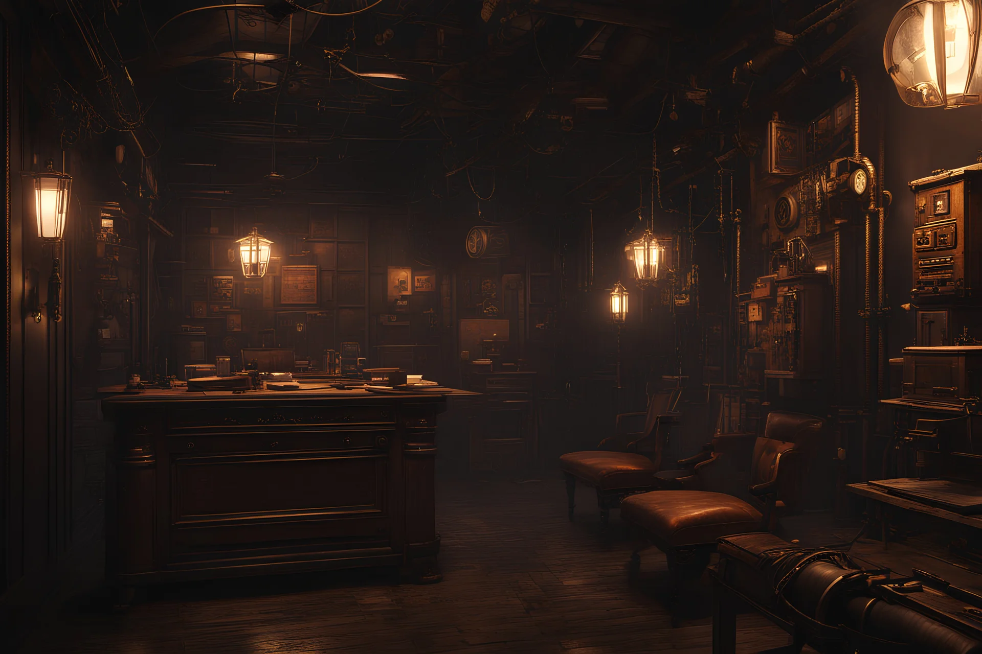escape room, agents ,16k, 3d rendering, expressively detailed, steampunk, cyberpunk, dynamic light, expressive lighting,