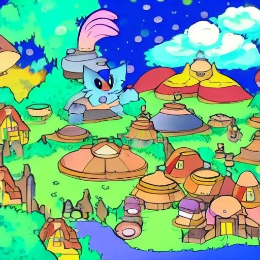 Village in the cosmos in pokemon style and dr seuss style