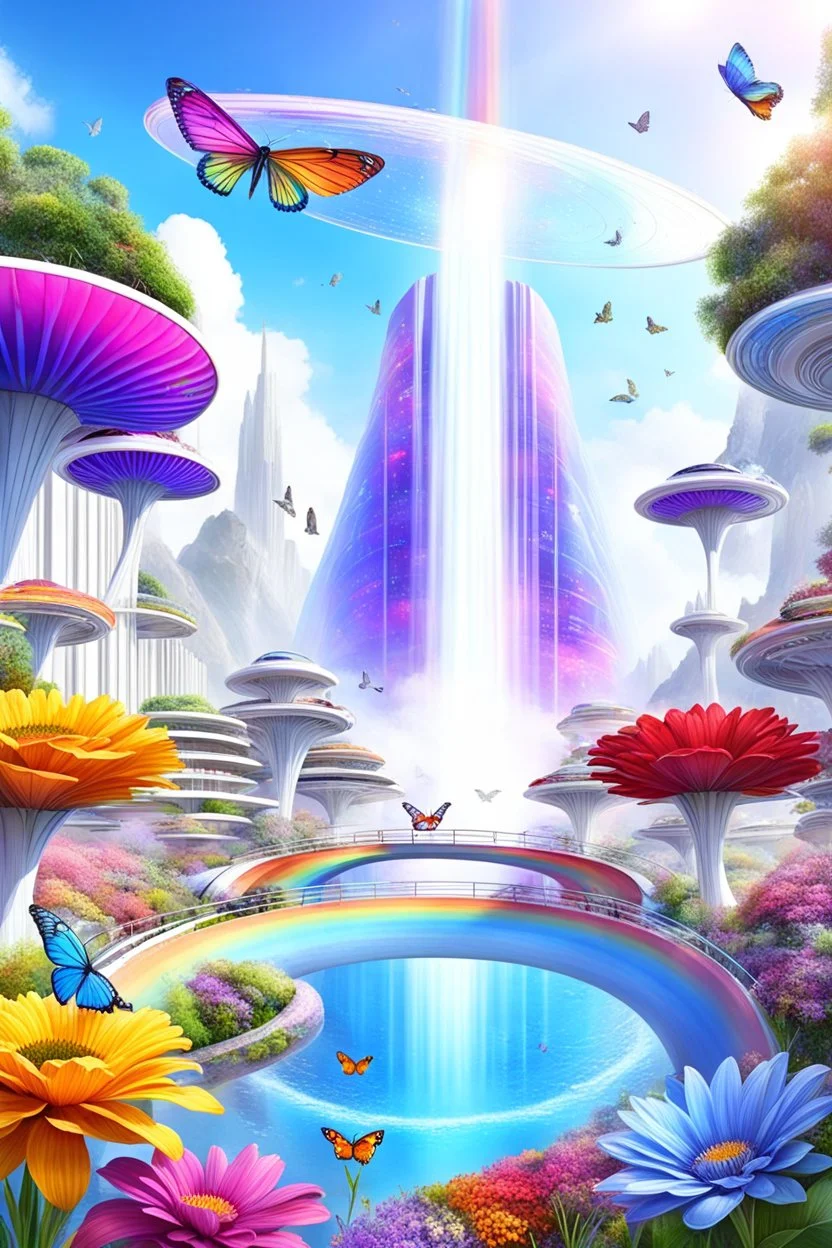 colors, very beautiful, flowers garden,rainbow, cité très futuriste ultra moderne, ufos rainbow, ufos fleet, intergalactic, birds, butterfly, cascades, falls