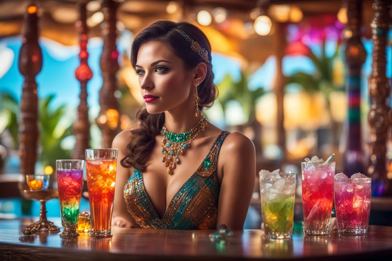 Coloured glass beautiful brunette woman in the tiki bar with cocktails set with gemstones, glittering metal stems and gemstone leaves on a room table sharp focus elegant extremely detailed intricate very attractive beautiful dynamic lighting fantastic view crisp quality exquisite detail gems and jewels S<AI in sunshine Weight:1 Professional photography, bokeh, natural lighting, canon lens, shot on dslr 64 megapixels sharp focus Weight:0.9