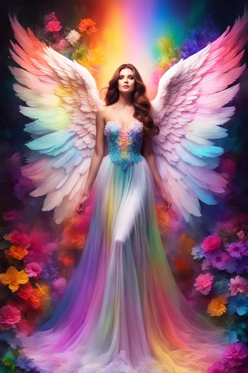 Gorgeous Photography Beautiful Woman as Angel with clothing abstracts flowers luxury gown dressing painting art neons rainbow colors glowing in the dark and colorful details, light leaks boleh colors,flowers background