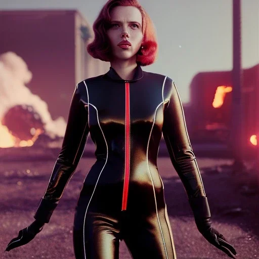 retro sci-fi portrait image from 1960, supermarket parking explosion, fire, classic black widow, young Scarlett Johansson, classic black tight lycra latex suit, retro superhero style, soft color, highly detailed, unreal engine 5, ray tracing, RTX, lumen lighting, ultra detail, volumetric lighting, 3d, finely drawn, high definition, high resolution.