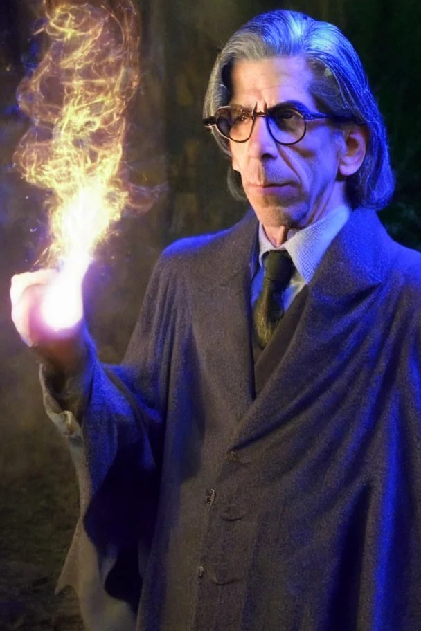 Detective John Munch as magic wizard like Gandalf, casting a spell.