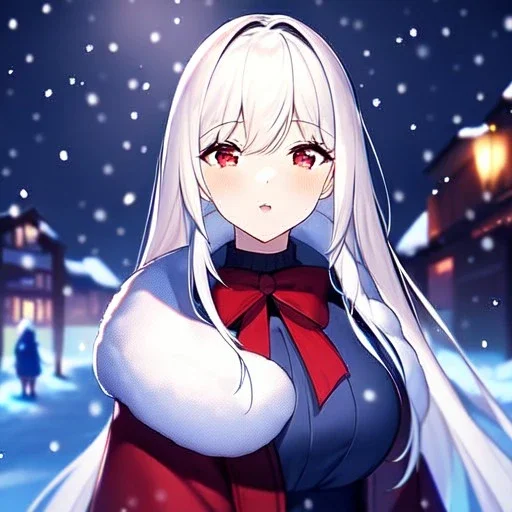 Clear focus, 8k, high quality, detailed, beautiful lighting, girl, vibrant colors, white long hair, vibrant red eyes, snowing, winter clothes,