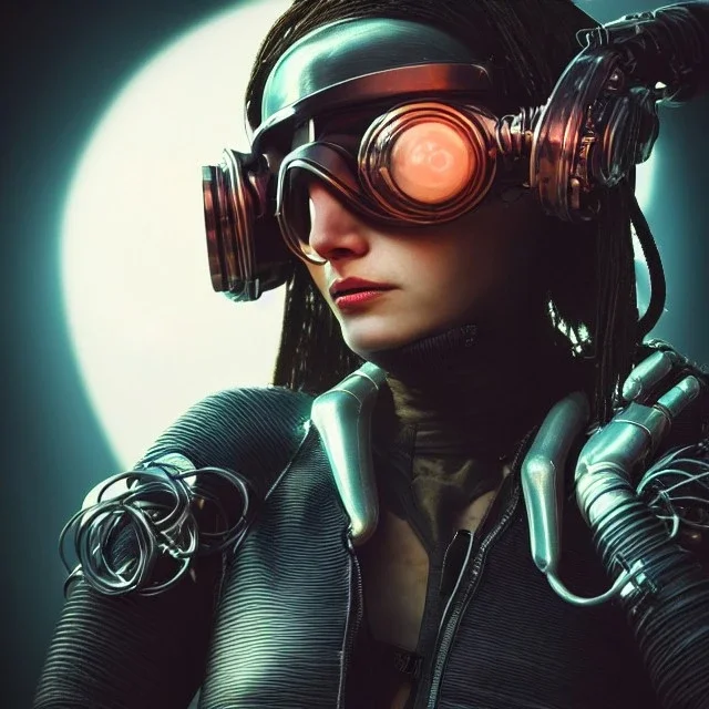 woman with cyberpunk futuristic helmet and goggles with cables to a large movie screen, 8k resolution, high-quality, fine-detail, intricate, digital art, detailed matte, volumetric lighting, baroque, illustration, octane render, brian froud, selina french, George Grie, Ben Goossens, Igor Morski