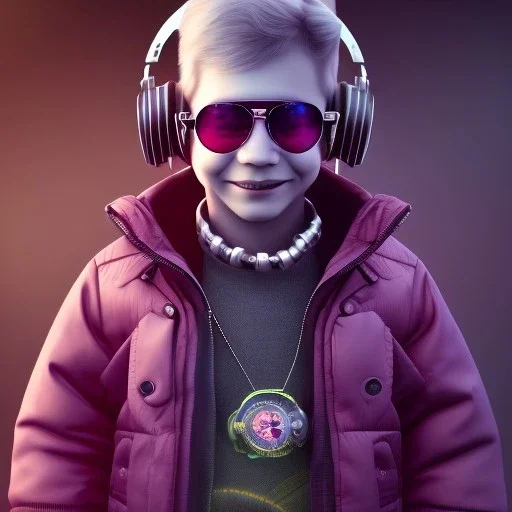 Rabbit toddler, smiling, steampunk headphone, sunglass, gangsta neckless, full body, magenta puffer jacket, manila city background, dramatic lighting, hyper realistic, unreal engine 5, 16k