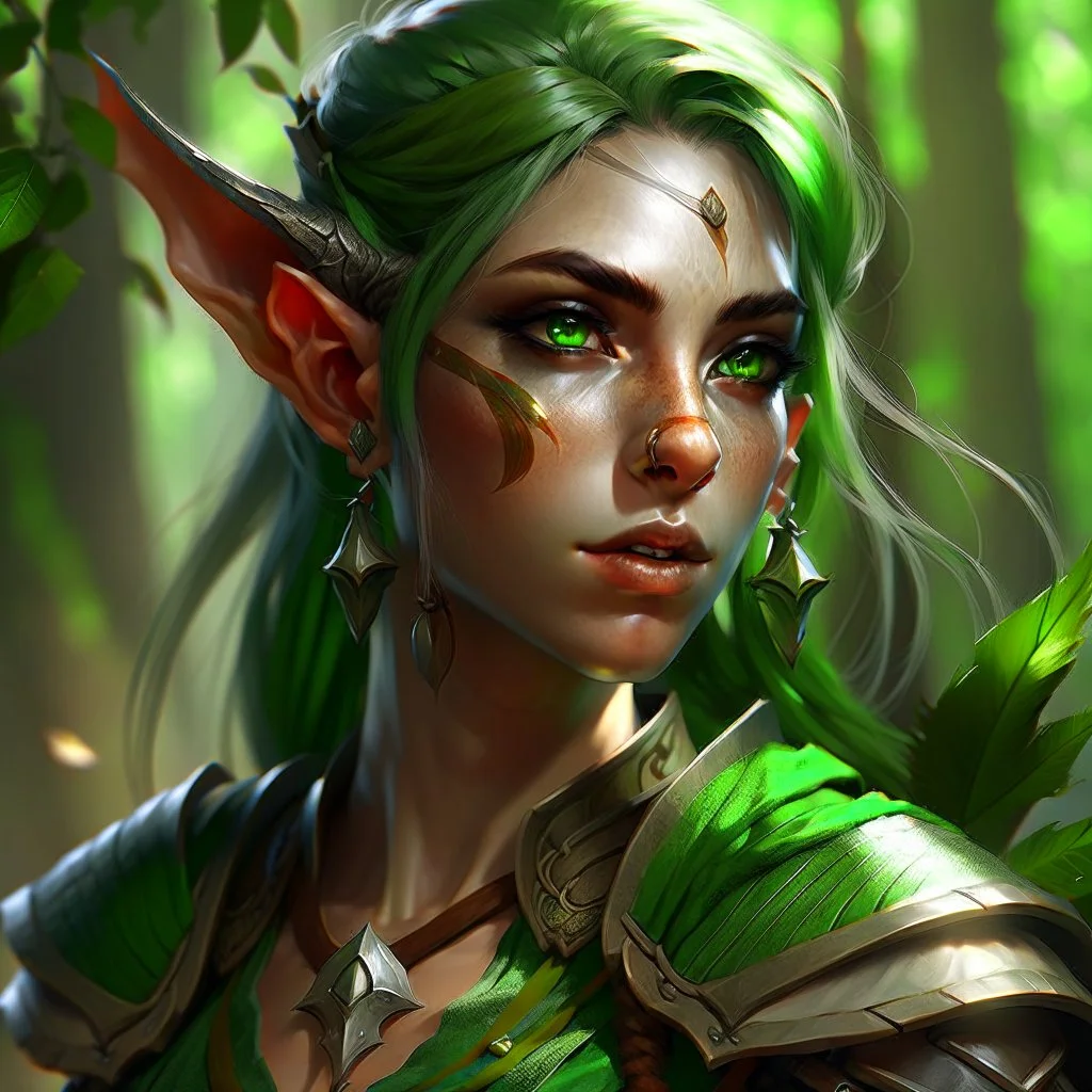 dnd, artistic, illustration, artstation, elf, feywild, bright green hair, green eyes, warrior, portrait