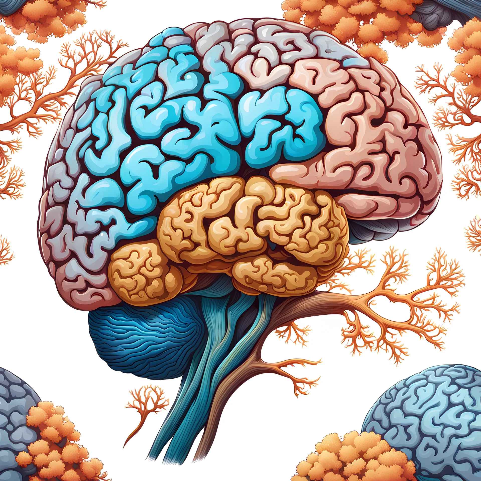 illustration of Ultra detailed of a brain, side view, anatomical correct, detailed with coral, ultra realistic, dendritic, artstation: award-winning: professional portrait: atmospheric: commanding: fantastical: clarity: 16k: ultra quality: striking: brilliance: stunning colors: masterfully crafted.