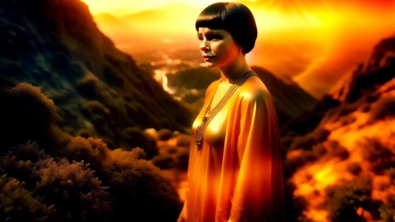 low-level full-body shot of Louise Brooks looking down at the camera with a warm-toned fantasy landscape behind her