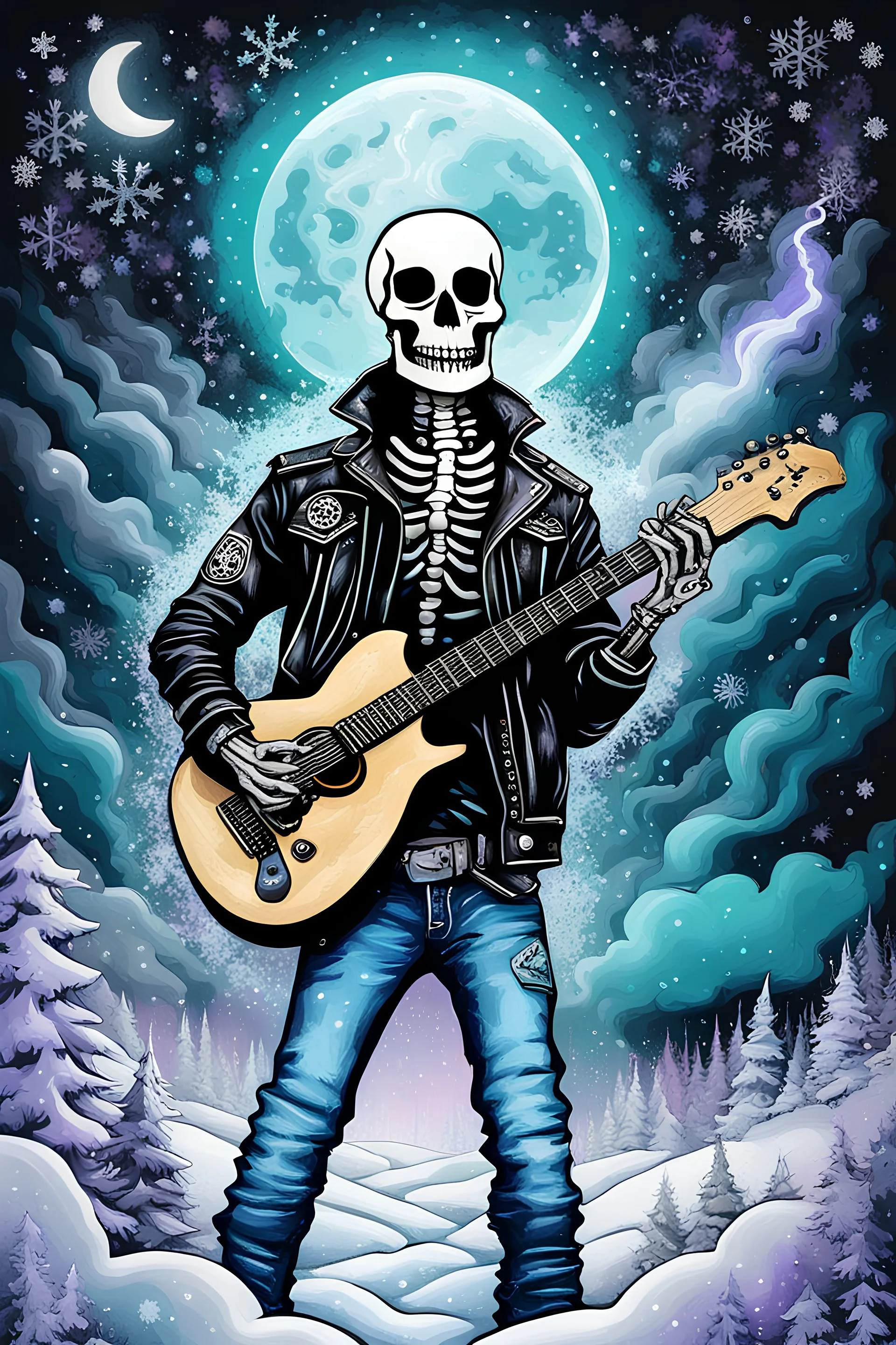 a skeleton wearing blue jeans, a band t-shirt and a leather jacket, he has a guitar; storm clouds, lightning, snowflakes, ice crystals, crescent moon in a nebula sky, extreme colors, white, ice blue, silver, lavender, seafoam green, spray paint, ink in water, luminous color sparkles, smoke, deep forest, glitter snow, snowflakes, pine trees, nebula sky; soft Shading; highly intricate, sophisticated, complex, 80's poster art, extreme neon colors, vaporwave <lora: