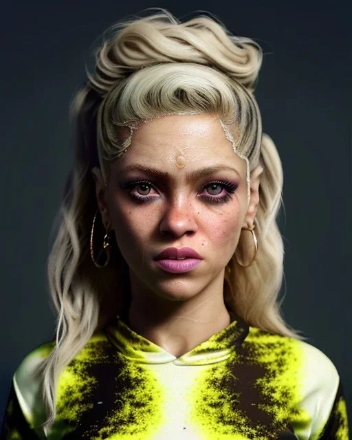 portrait, Shakira, blonde artist, angry, Realistic image, MMA robe, hoodie, mma gloves, loose long hair, eyes make up, gold line make up, moisture, sweat, fog, Neon colors, leds. Dark background, photo studio, concept art, smooth, unreal engine 5, god lights, ray tracing, RTX, lumen lighting, ultra detail, volumetric lighting, 3d, finely drawn, high definition, 4k.