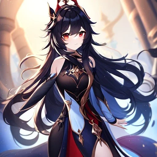 Clear focus, high resolution, black long fluffy hair, red eyes, wearing a genshin outfit