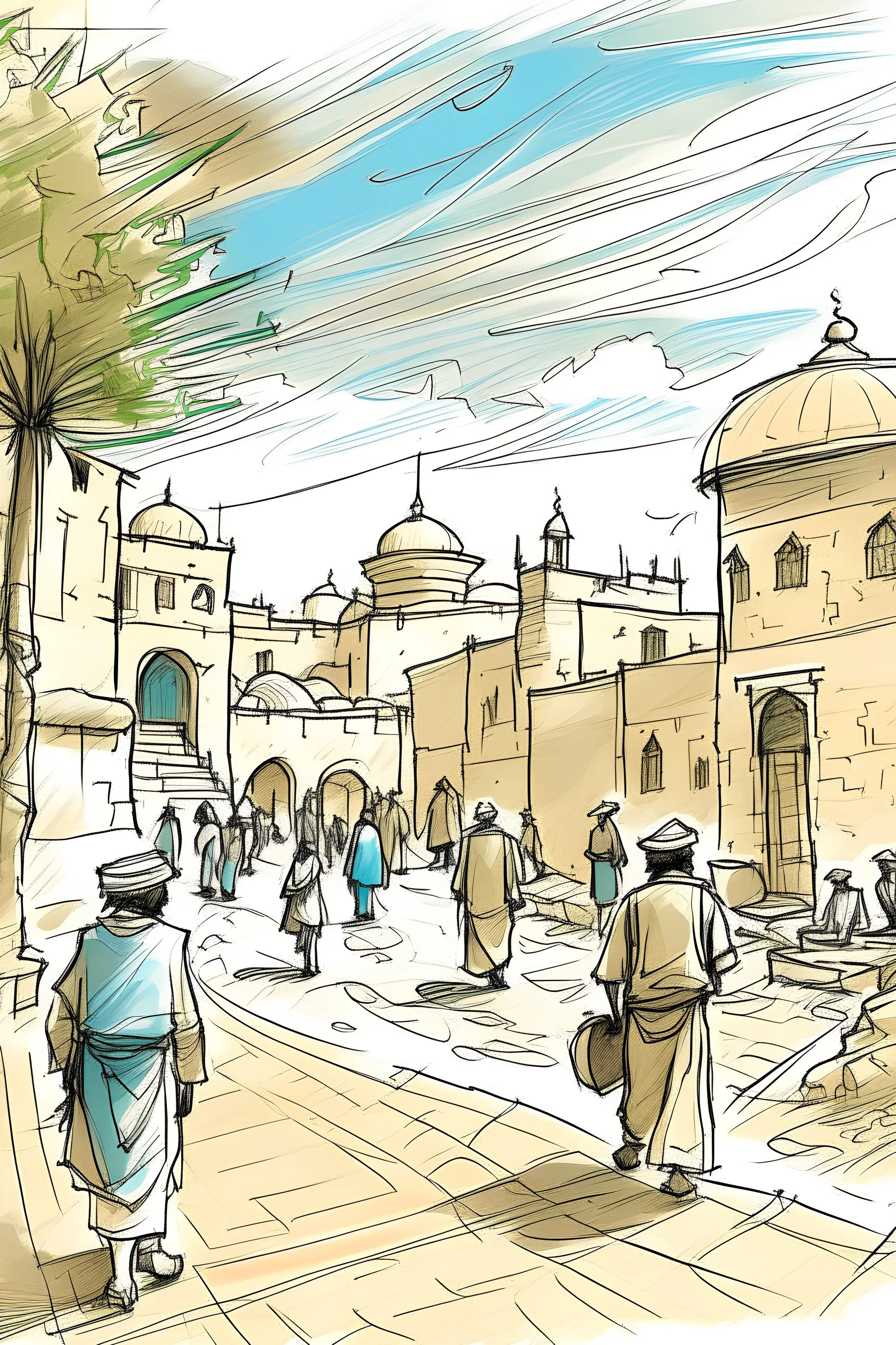 In this sketch, we will transport ourselves back in time to First Century Palestine, a pivotal era marked by cultural, religious, and political dynamism. Through a series of vignettes, we will capture the sights, sounds, and experiences that defined daily life in this ancient land. Pick a time within the history of Israel and try to create a sketch of the surroundings that you can see.