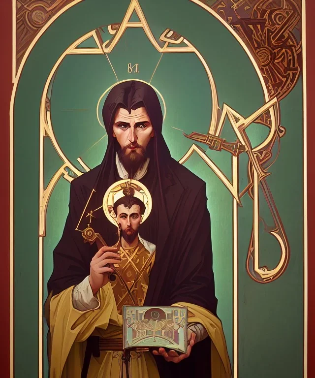 orthodox old icon with saint, patron of photographers. he is holding a camera in one hand and 35mm film in the other. Cyrillic inscriptions are the names of photographic brands. hyperdetailed, Alphonse Mucha, Zdzisław Beksiński, poster, illustration, ink, oil on canvas, 18th century atlas