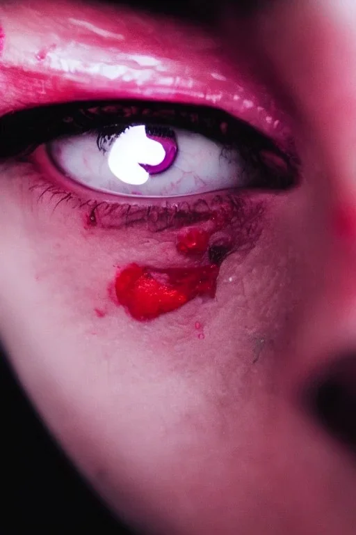 Extreme close-up of the eyes of a cyborg, soulless, gleaming pink to red, cyberpunk AbstractTech, rectangular