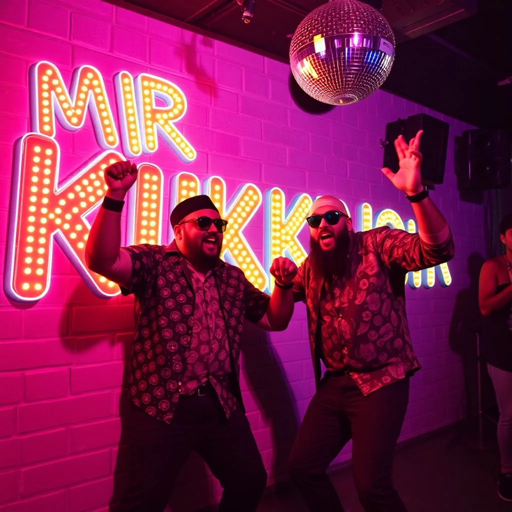 MR Kukrunk is Benny and DJ Roy in a disco, dancing, "Kukrunk" on sign wall, disco light, strobe, disco ball