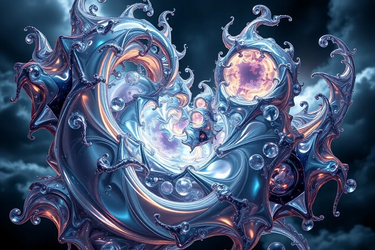 Dynamic complex hypnotic fractal 3D Symmetrical structures twisting and morphing between organic and geometric forms , smooth translucent iridescent glass with inner glow and bubbles, varied transparent materials, stormy skies, intense dramatic