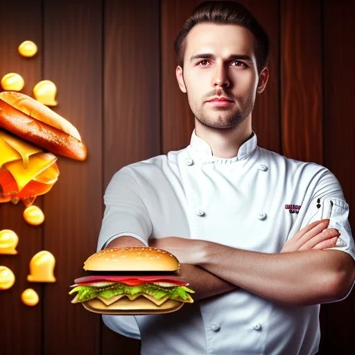  portrait of handsome man with head band and golden watch, behind him another chef in front blurred dark wooden wall, huge tasty burger, shiny fork and knifes on dinner table with cloth, fantasy art book cover