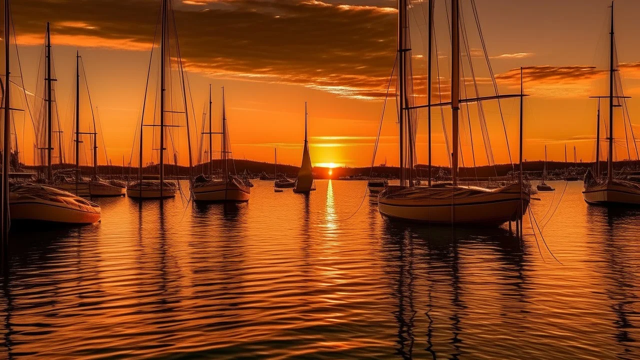 A scenic sunset over a harbor filled with sailboats and yachts, reflecting the warm colors of the sky in the calm waters