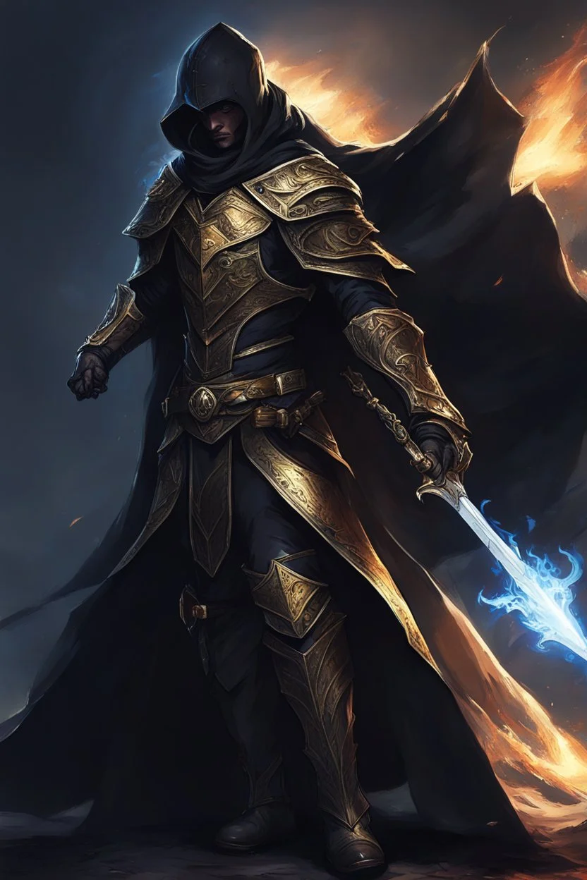 A commander with a black cloak and a long coat with long combat boots and a long spear with his Helmet is golden under his cloak like assasins With a magical power in his hand and a white anklet and boots With blue flame eyes