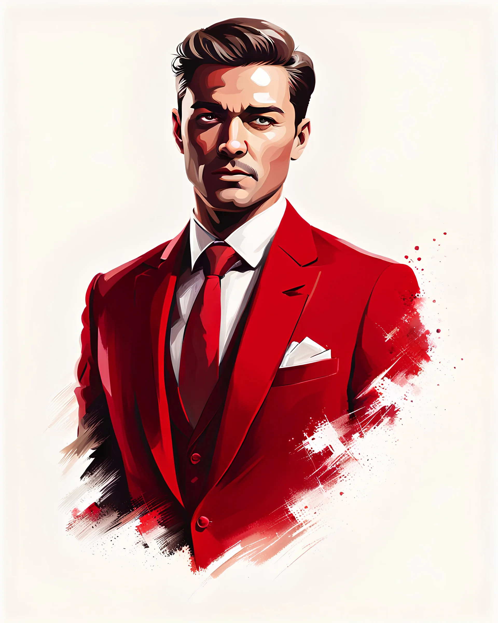 Create a compelling image featuring a man in a red suit with a dapper expression against a white background. Specify a hand-drawn style with bold strokes, emphasizing the meaning of the subject. full head. Ensure the composition captures the essence of elegant expression, creating a visually striking and impactful scene through the use of hand-drawn strokes. Vista frontal