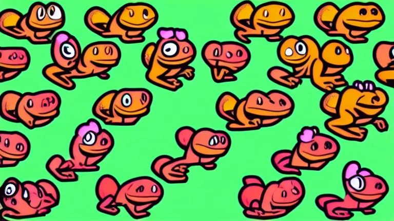 game sprite sheet of 30 images of stylized frog, view from six different angles covering 360°, collection sheet, arcade game, digital art