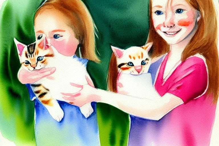 A cute smiling Norwegian girl is holding a kitten. Watercolour