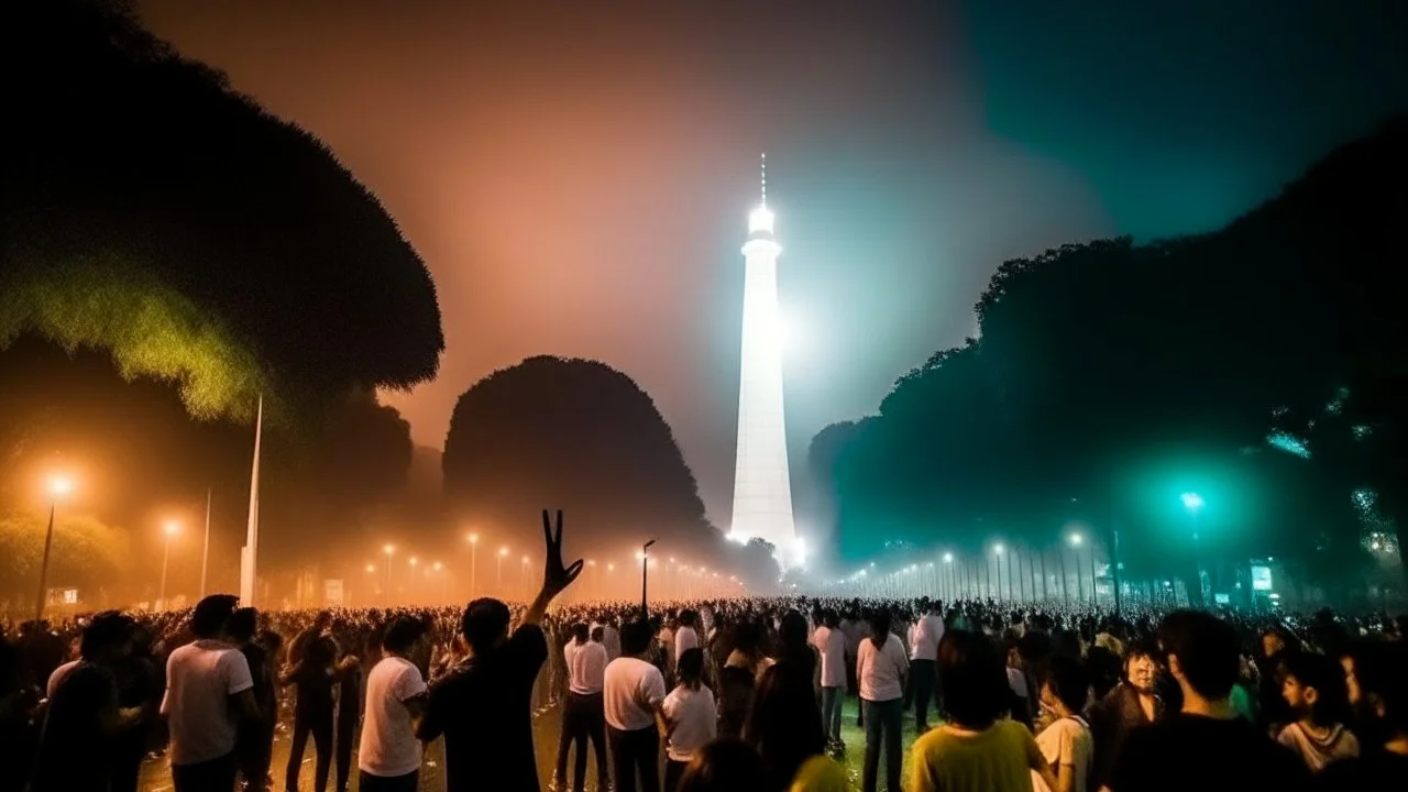 ciudad de buenos aires, es de noche, hay un montón de gente alrededor bailando y tomando, luces blancas y coloridas, se muestra el obelisco, fiesta, festejo, niebla, manos arriba