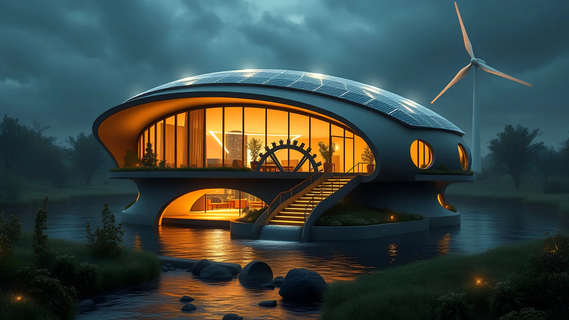 2031. Innovative environmentally-friendly home, solar panels, water wheel in river, alternative energy, wind turbine, scientific experiment, home of the future, amazing curved architecture, fantasy, robotic, magic, automated, spectacular, futuristic, practical, beautiful lighting, attractive composition, photorealistic, extremely detailed, chiaroscuro